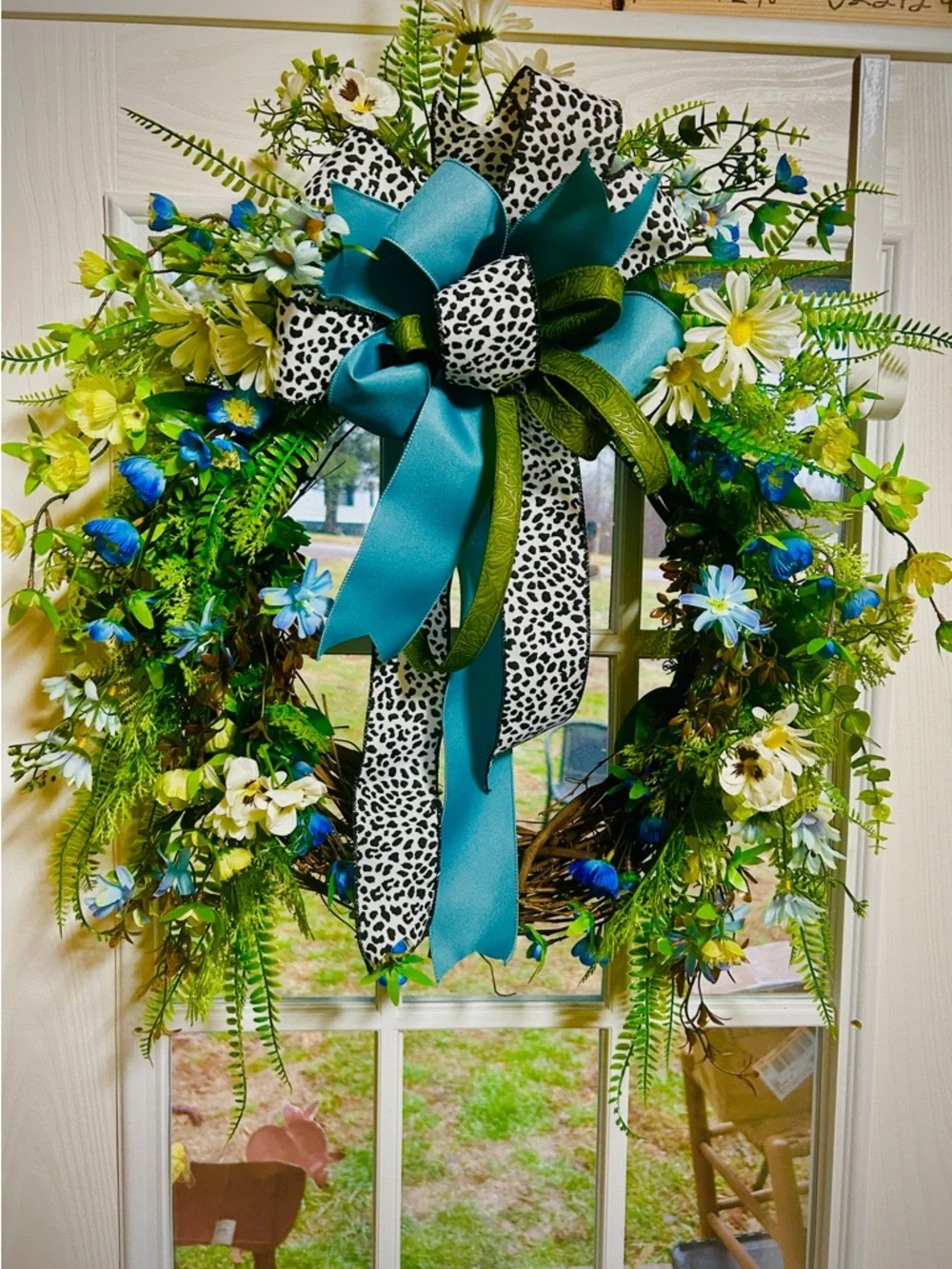 Handmade Spring Floral Wreath with Teal and Leopard print Bow